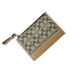 Coach Signature Zip Card Holder Wristlet Brown Khaki Canvas Leather Wallet Y2K